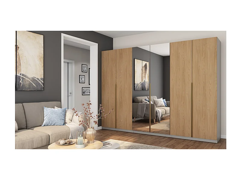 Armoire moderne 300 × 220 cm – avec penderie, étagères intérieures et tiroirs spacieux extérieurs, modulable quincaillerie de haute qualité Avec miroir