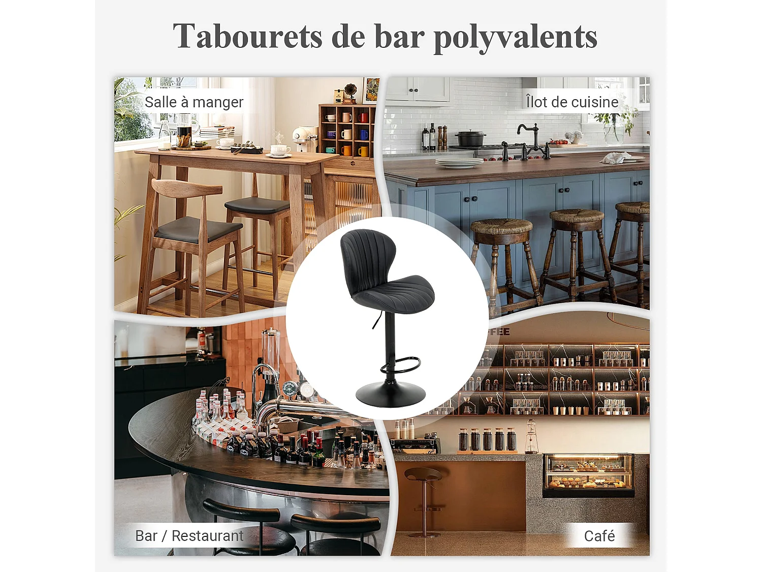 Lot de 2 Tabourets de Bar Réglables - Tabourets Tournants en Simili Cuir avec Repose-Pieds pour Comptoir, Cuisine, Salle à Manger - Noir