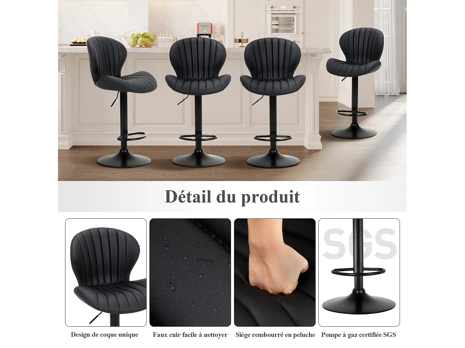 Lot de 2 Tabourets de Bar Réglables - Tabourets Tournants en Simili Cuir avec Repose-Pieds pour Comptoir, Cuisine, Salle à Manger - Noir