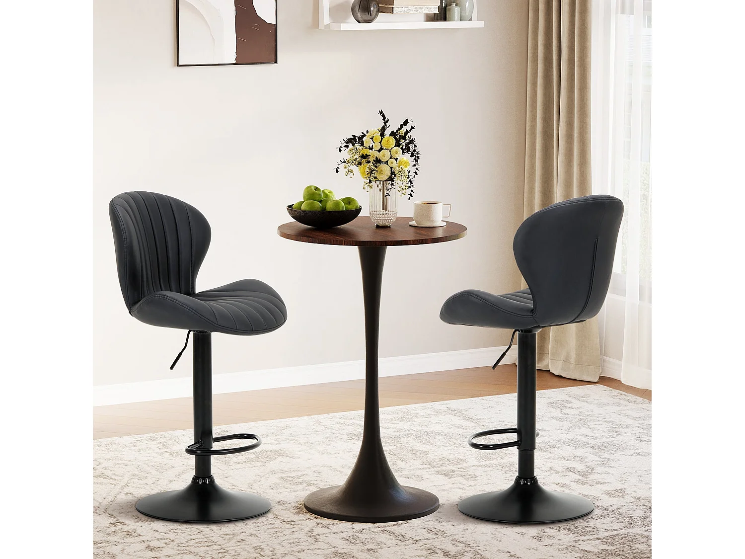 Lot de 2 Tabourets de Bar Réglables - Tabourets Tournants en Simili Cuir avec Repose-Pieds pour Comptoir, Cuisine, Salle à Manger - Noir