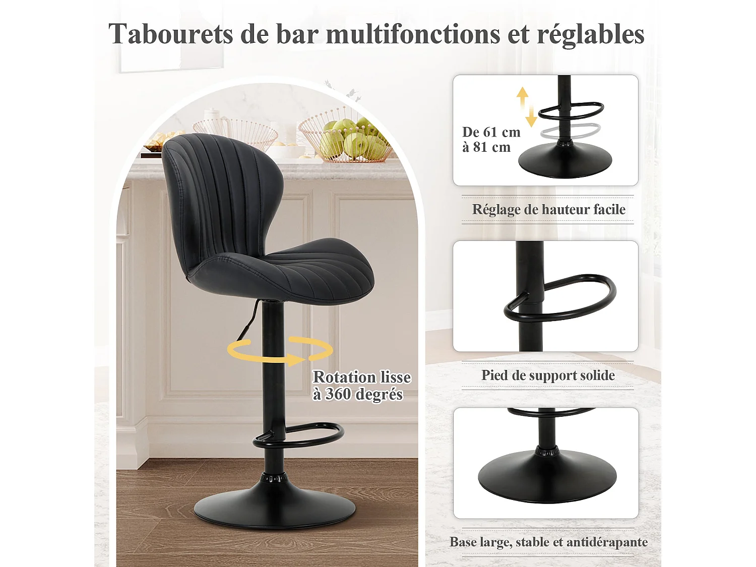 Lot de 2 Tabourets de Bar Réglables - Tabourets Tournants en Simili Cuir avec Repose-Pieds pour Comptoir, Cuisine, Salle à Manger - Noir