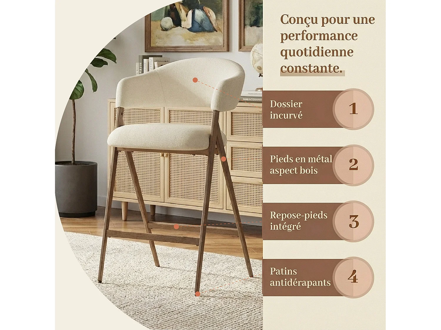 Lot de 2 tabourets de bar pivotants modernes, tissu, dossier haut fixe – Beige
