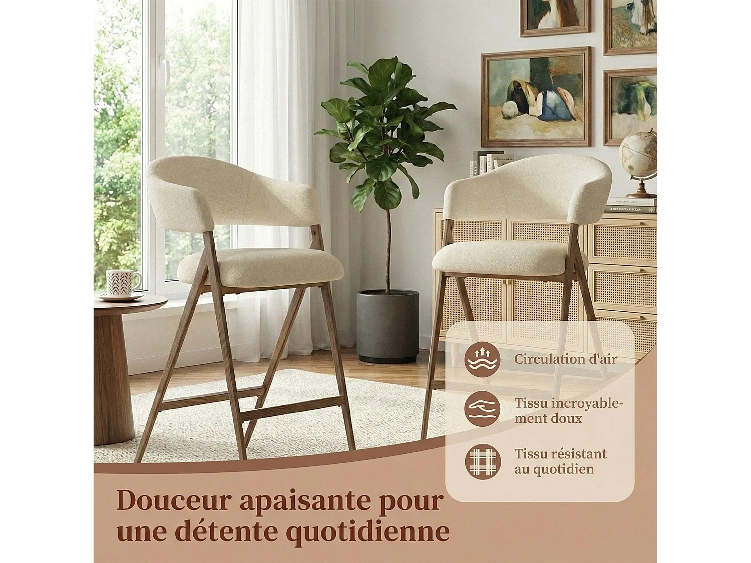 Lot de 2 tabourets de bar pivotants modernes, tissu, dossier haut fixe – Beige