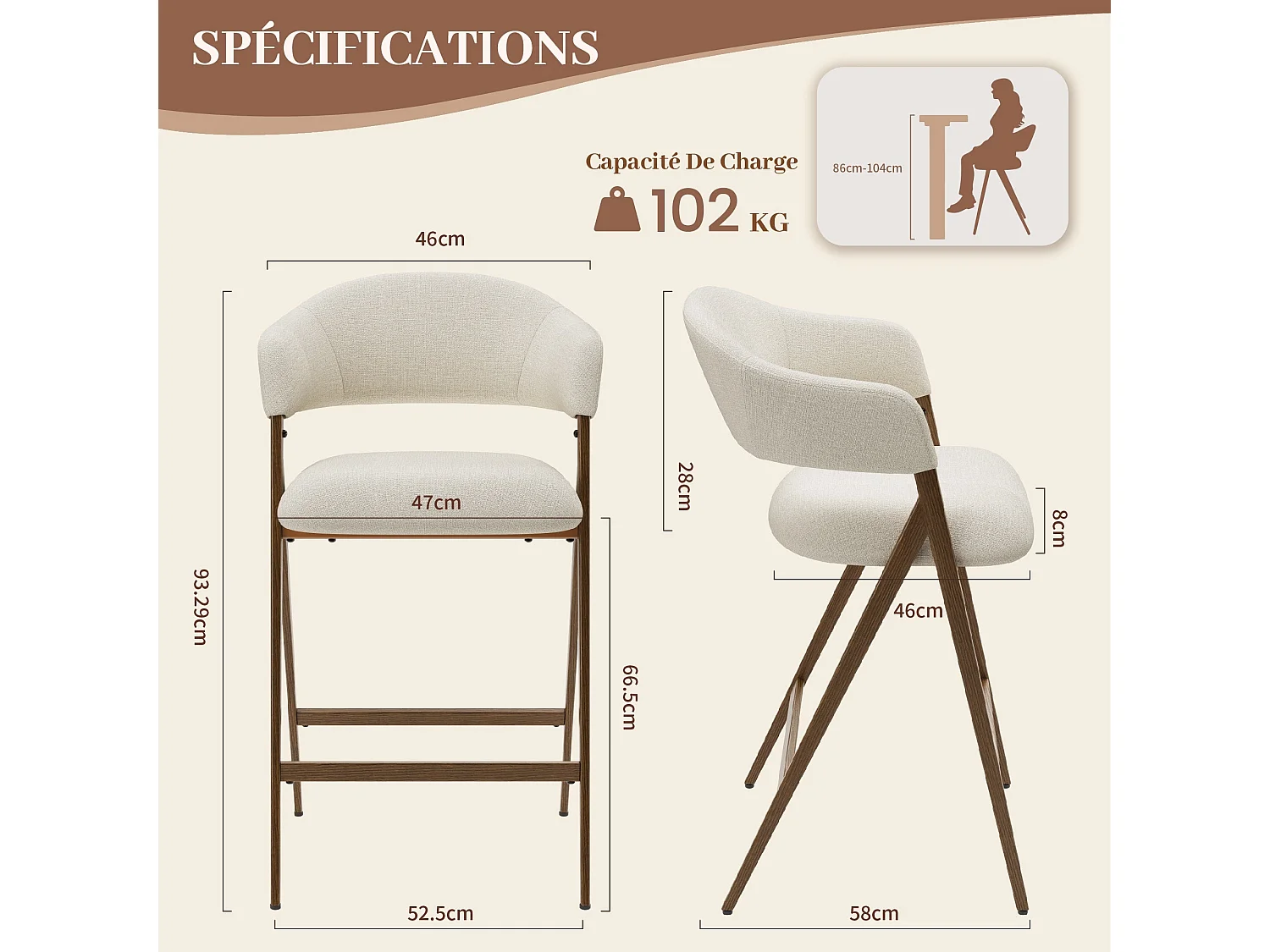 Lot de 2 tabourets de bar pivotants modernes, tissu, dossier haut fixe – Beige