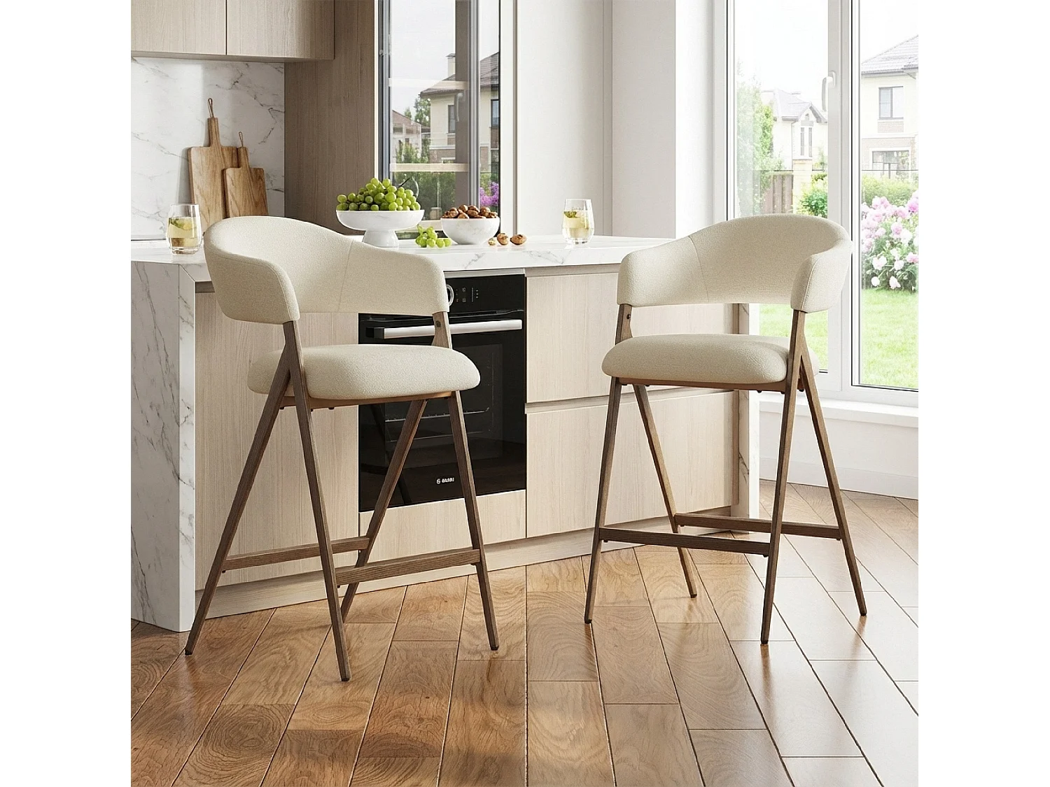Lot de 2 tabourets de bar pivotants modernes, tissu, dossier haut fixe – Beige
