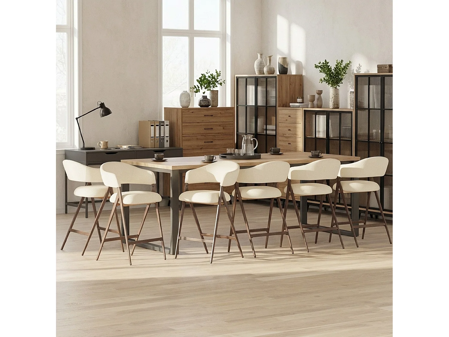 Lot de 2 tabourets de bar pivotants modernes, tissu, dossier haut fixe – Beige