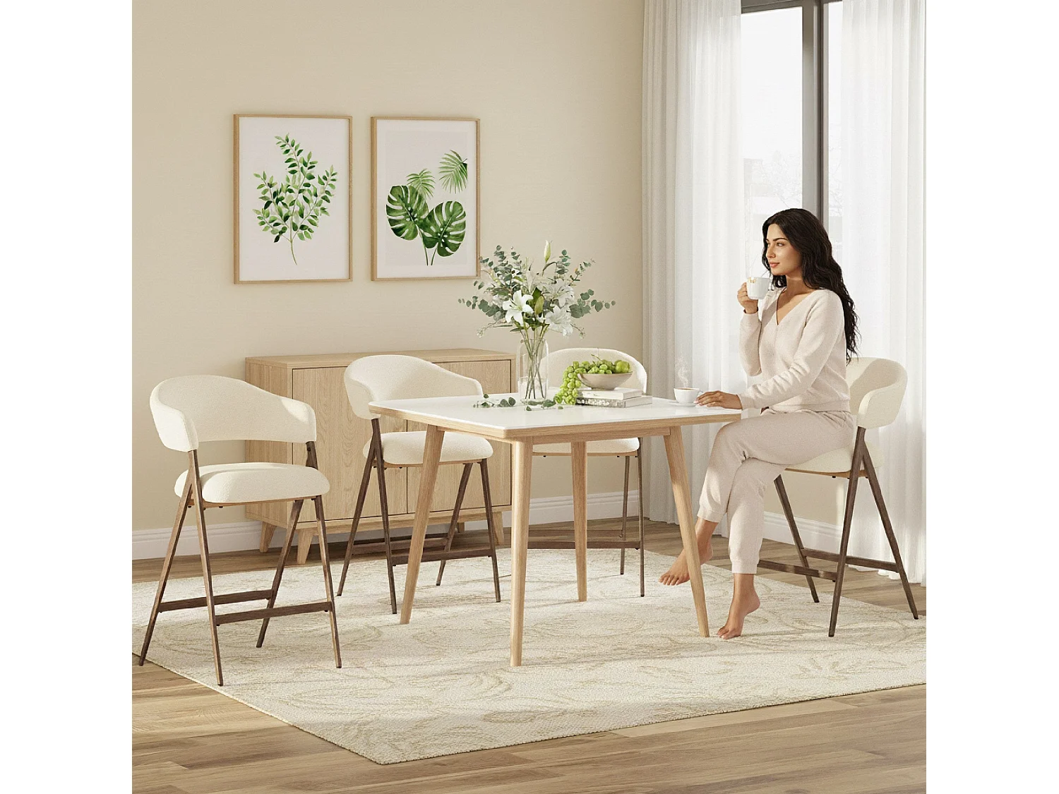 Lot de 2 tabourets de bar pivotants modernes, tissu, dossier haut fixe – Beige