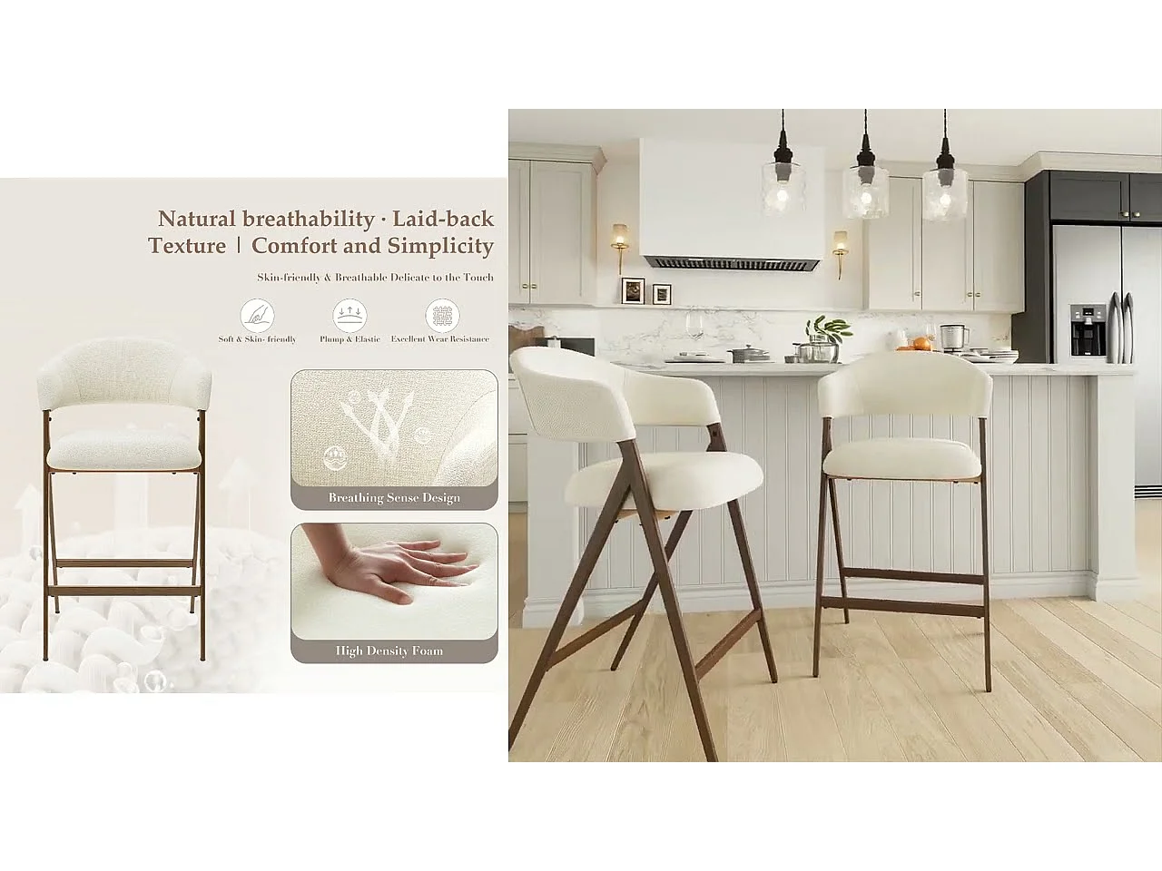 Lot de 2 tabourets de bar pivotants modernes, tissu, dossier haut fixe – Beige
