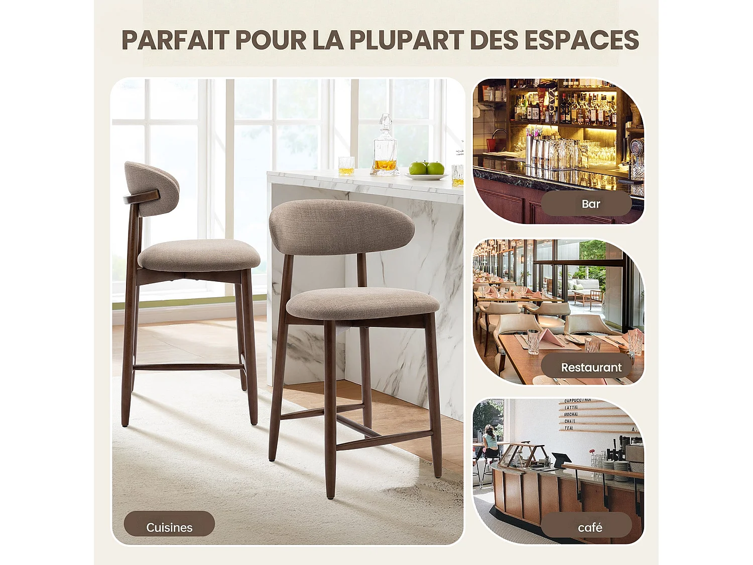 Lot de 2 chaises de bar – Tabourets modernes avec dossier haut, assise confortable en tissu, pour comptoir, îlot de cuisine -structure en bois-Marron