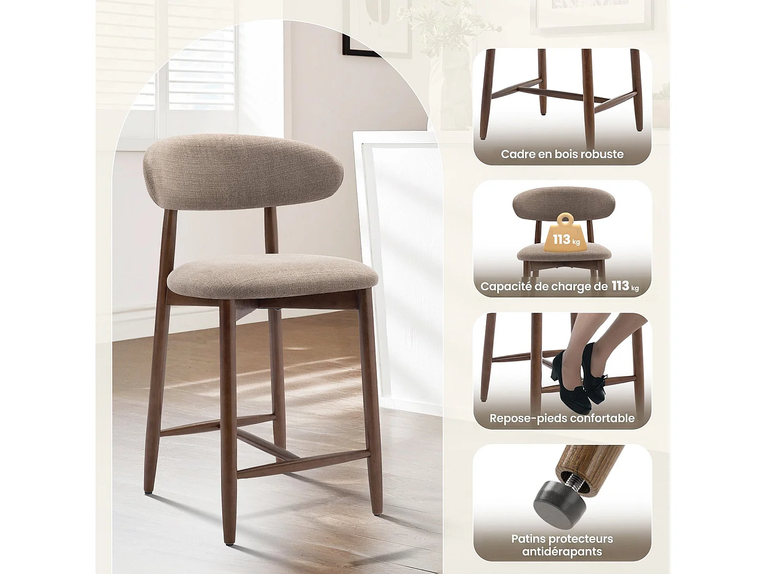 Lot de 2 chaises de bar – Tabourets modernes avec dossier haut, assise confortable en tissu, pour comptoir, îlot de cuisine -structure en bois-Marron