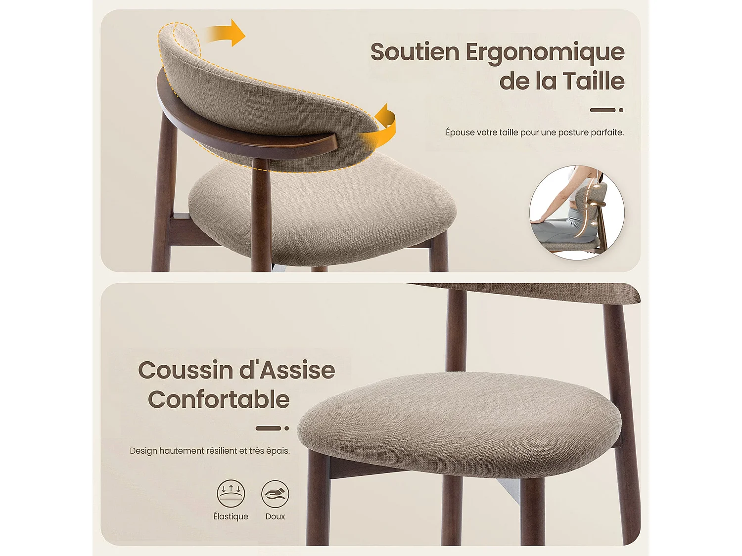 Lot de 2 chaises de bar – Tabourets modernes avec dossier haut, assise confortable en tissu, pour comptoir, îlot de cuisine -structure en bois-Marron