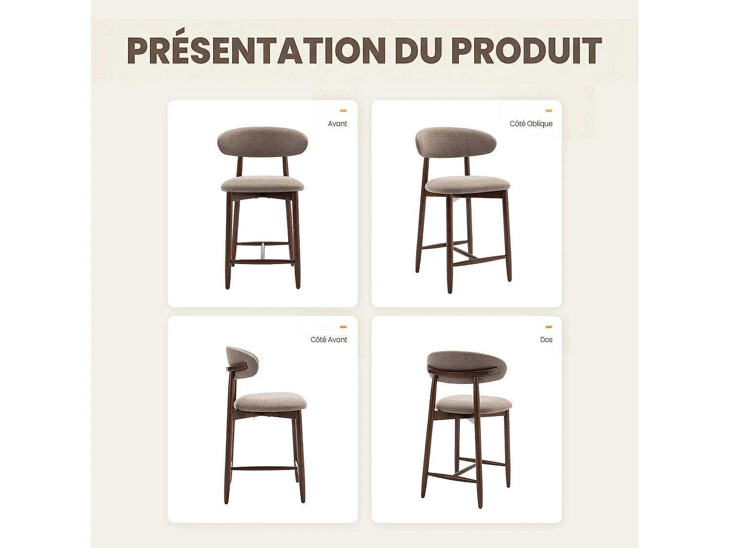 Lot de 2 chaises de bar – Tabourets modernes avec dossier haut, assise confortable en tissu, pour comptoir, îlot de cuisine -structure en bois-Marron