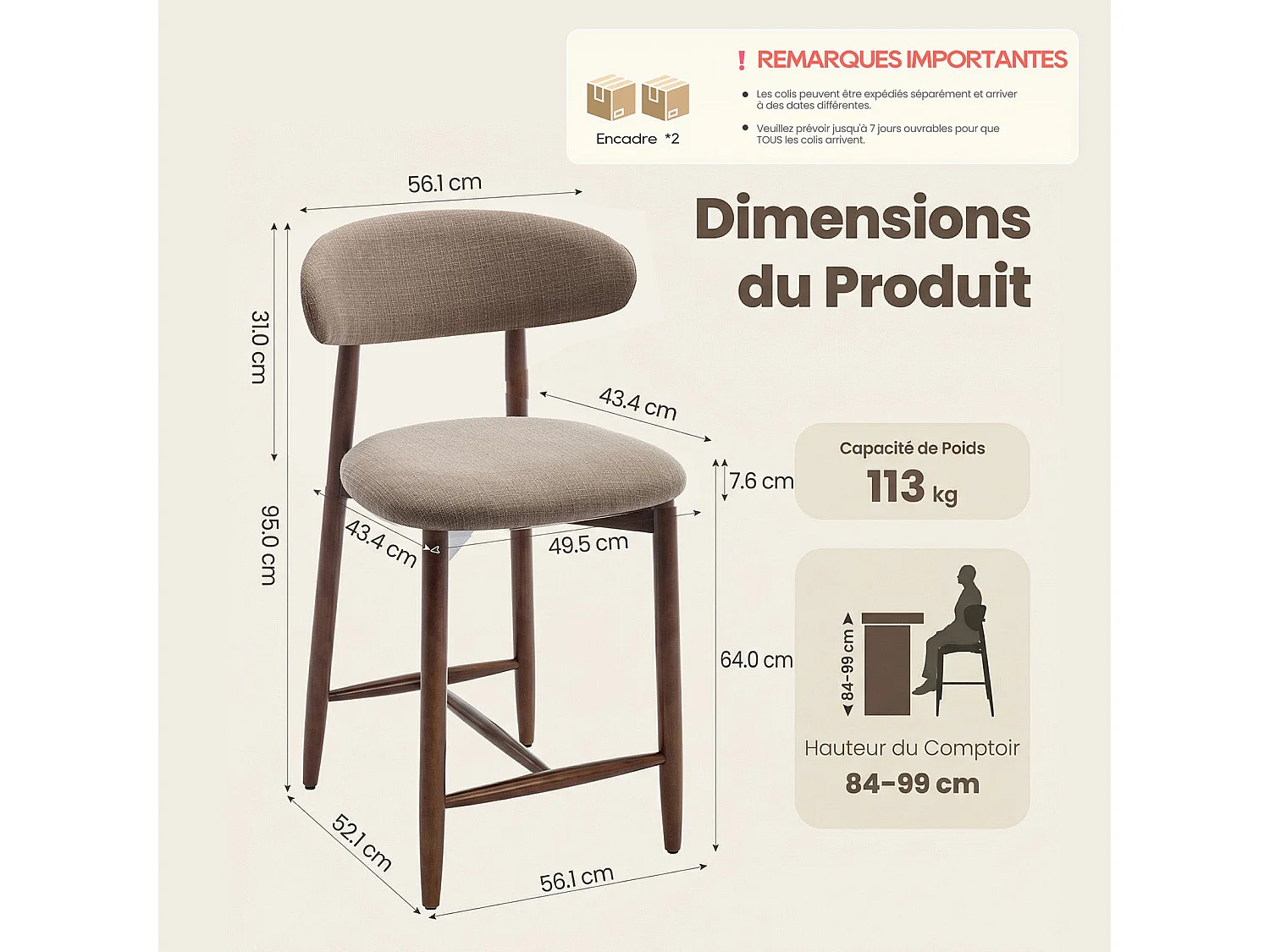 Lot de 2 chaises de bar – Tabourets modernes avec dossier haut, assise confortable en tissu, pour comptoir, îlot de cuisine -structure en bois-Marron
