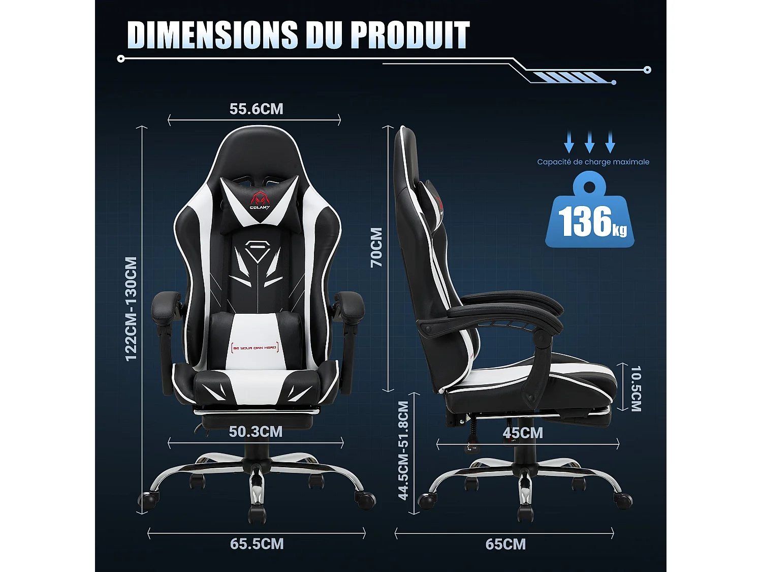 Chaise gaming ergonomique, avec repose-pieds, capacité de charge maximale 136kg - Blanc