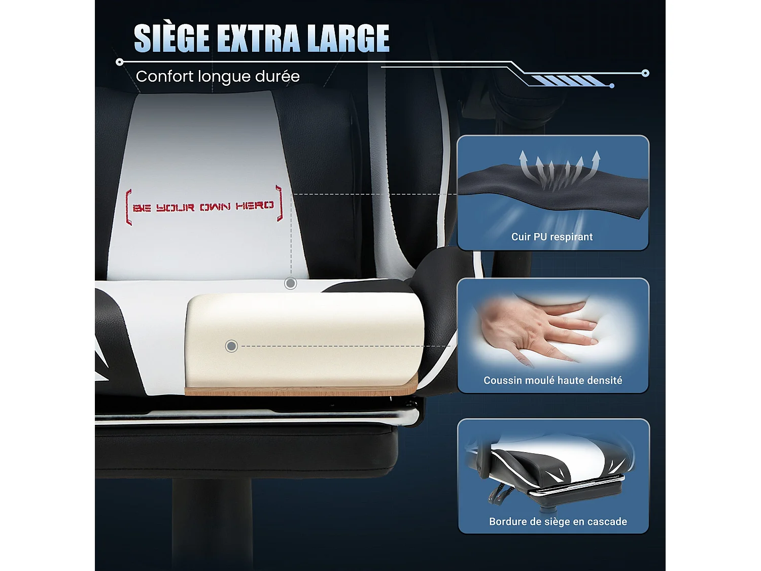 Chaise gaming ergonomique, avec repose-pieds, capacité de charge maximale 136kg – Blanc