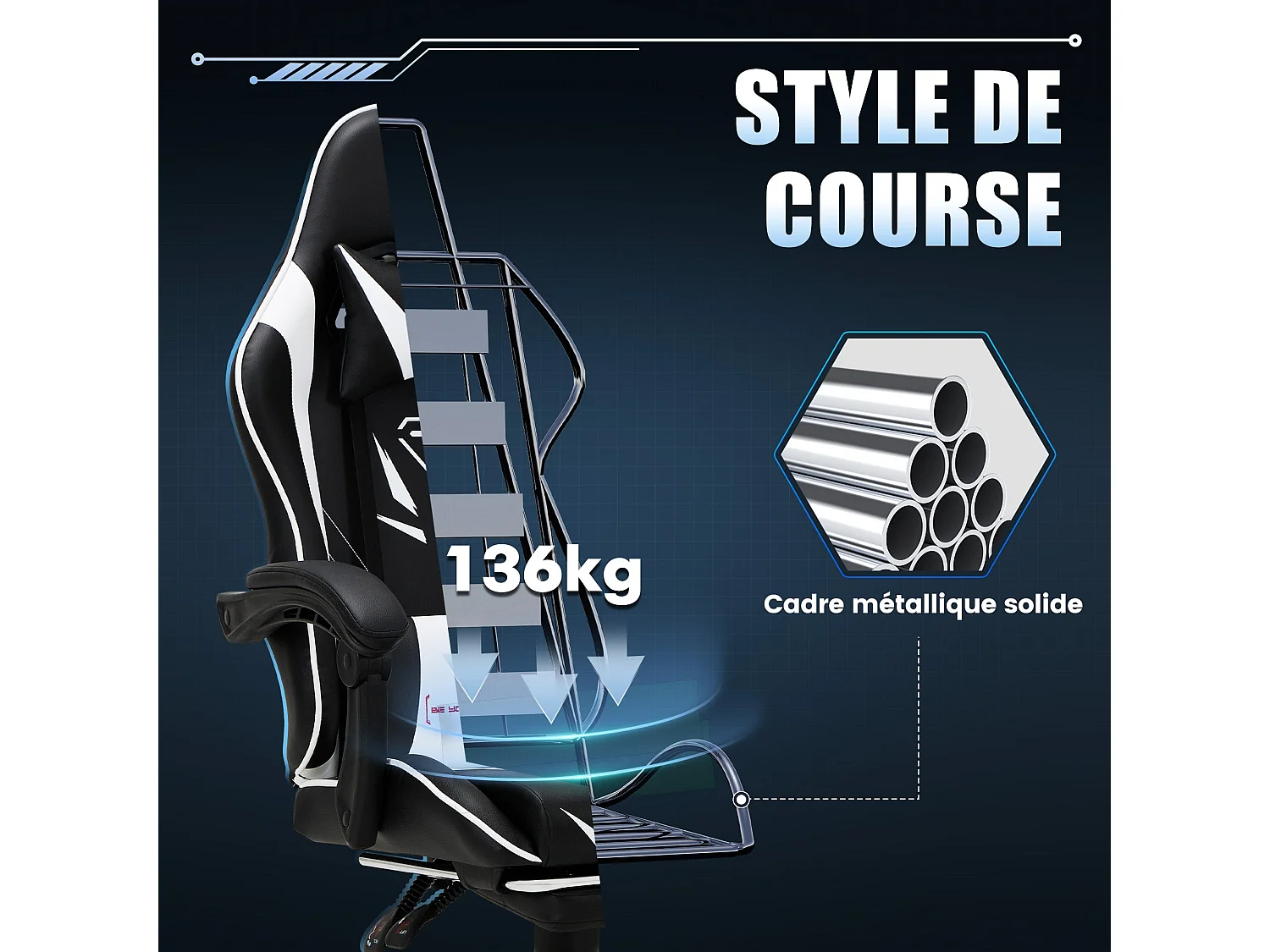 Chaise gaming ergonomique, avec repose-pieds, capacité de charge maximale 136kg – Blanc