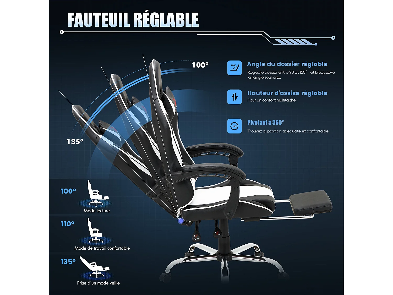 Chaise gaming ergonomique, avec repose-pieds, capacité de charge maximale 136kg – Blanc