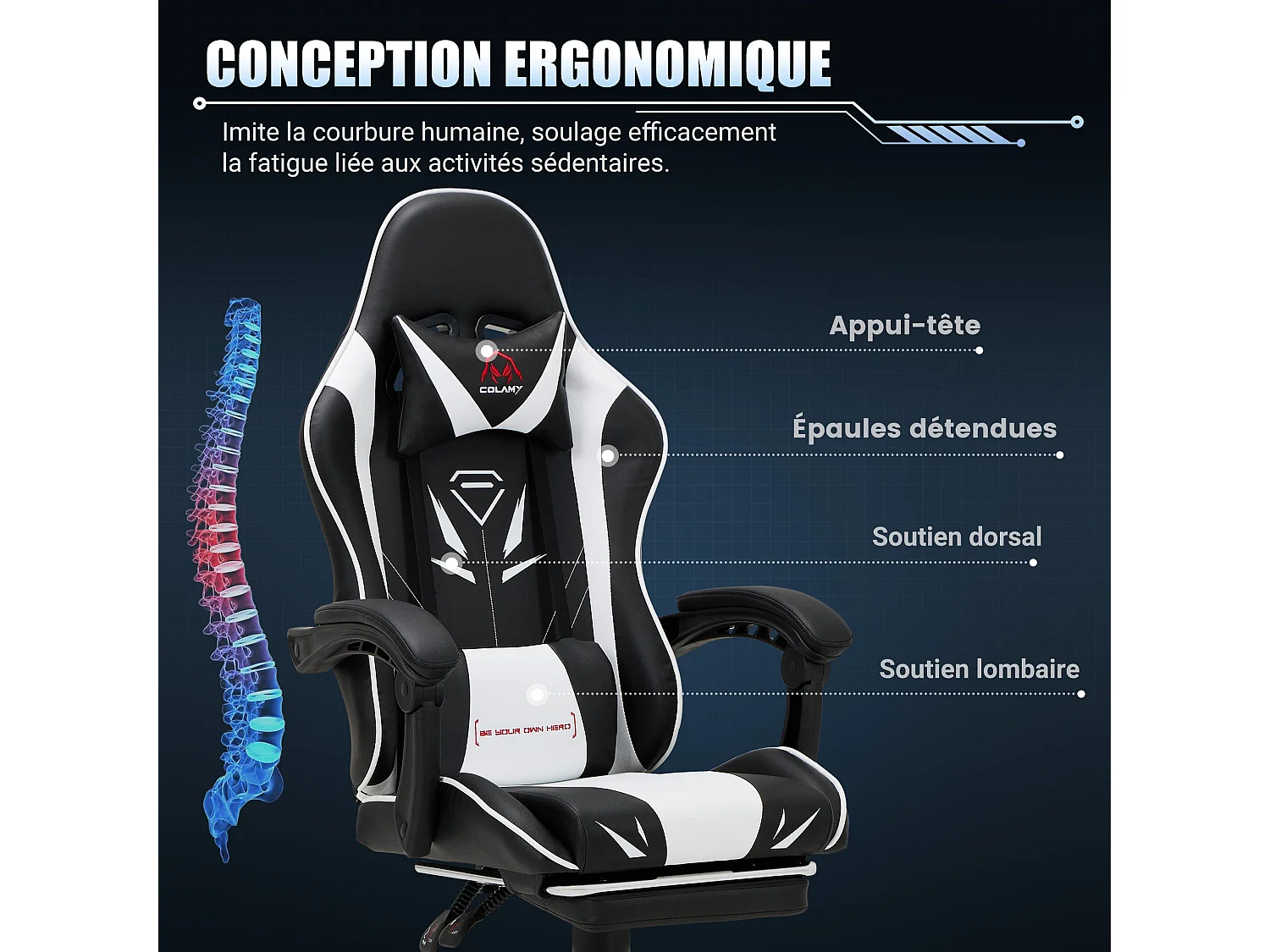Chaise gaming ergonomique, avec repose-pieds, capacité de charge maximale 136kg – Blanc