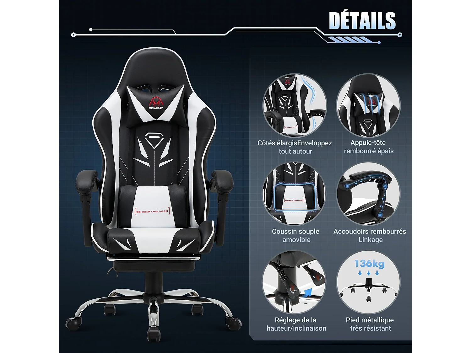 Chaise gaming ergonomique, avec repose-pieds, capacité de charge maximale 136kg – Blanc