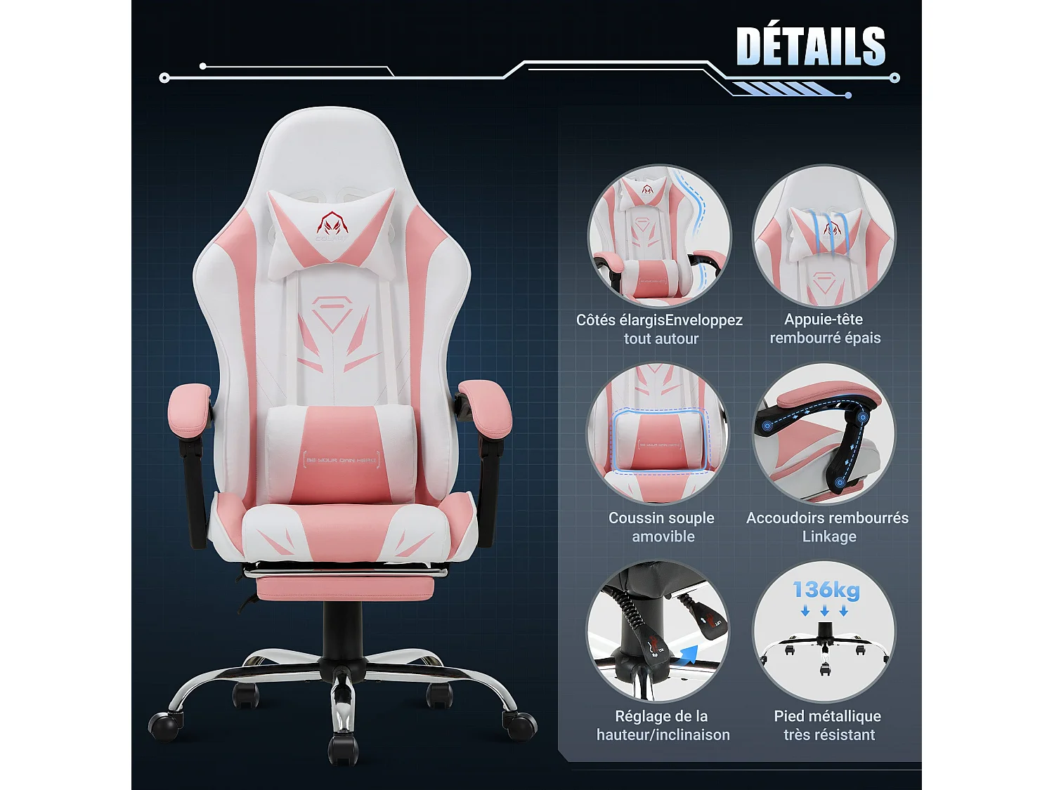 Chaise gaming ergonomique, avec repose-pieds, capacité de charge maximale 136kg - Rose