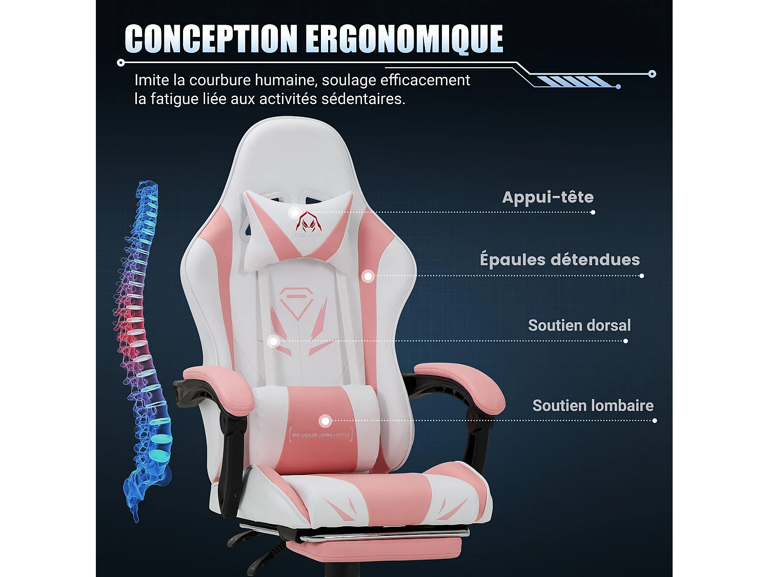 Chaise gaming ergonomique, avec repose-pieds, capacité de charge maximale 136kg – Rose