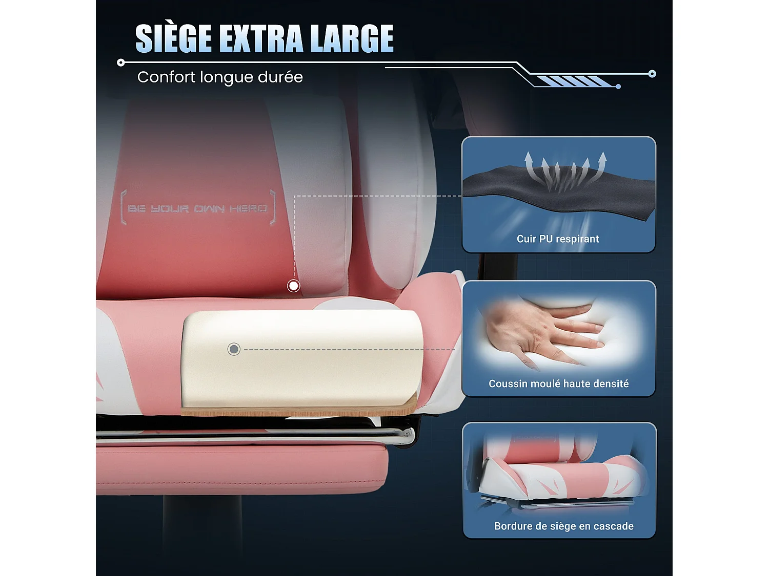 Chaise gaming ergonomique, avec repose-pieds, capacité de charge maximale 136kg – Rose