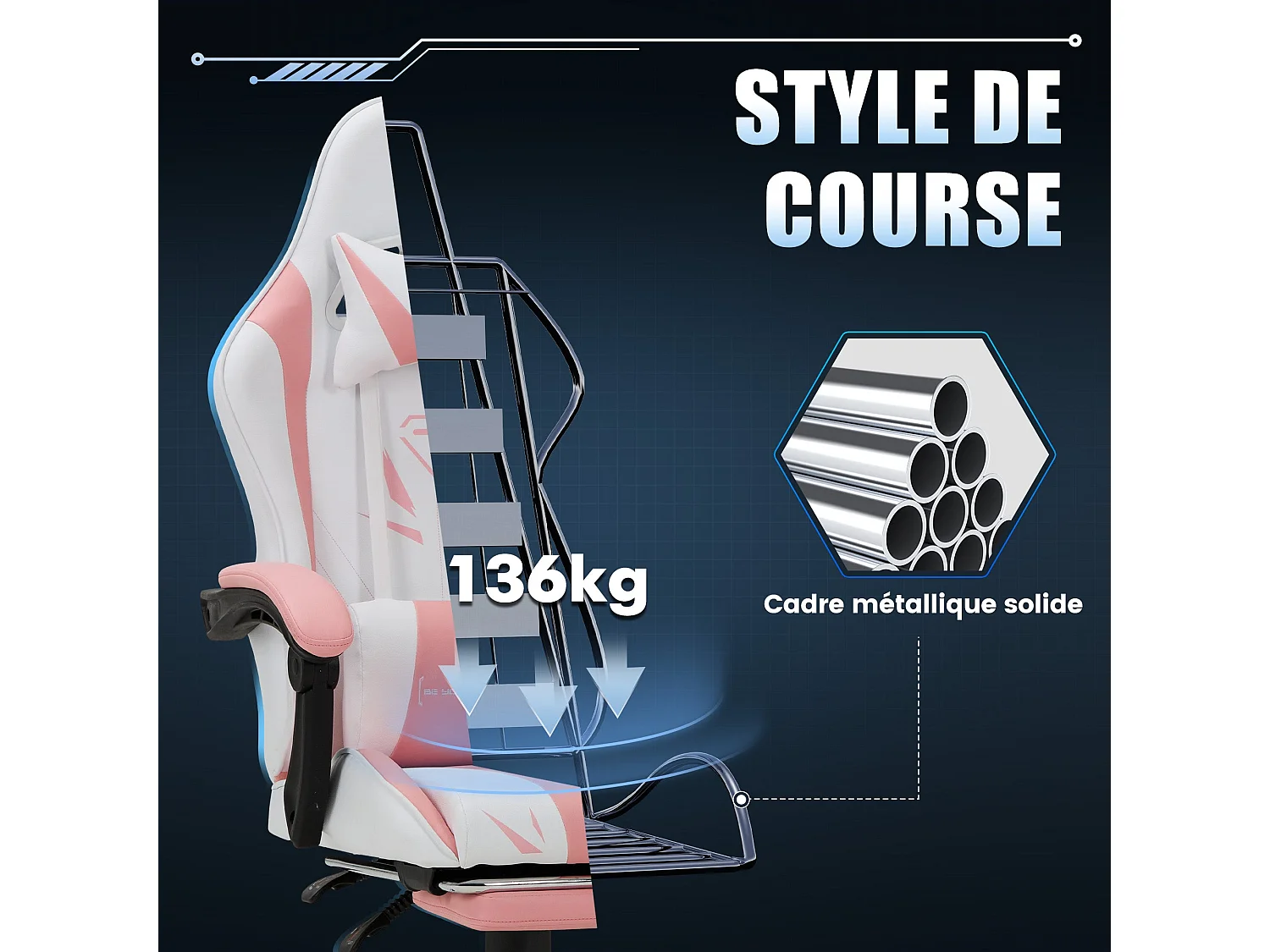 Chaise gaming ergonomique, avec repose-pieds, capacité de charge maximale 136kg – Rose