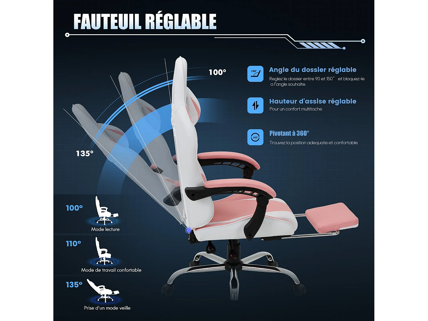 Chaise gaming ergonomique, avec repose-pieds, capacité de charge maximale 136kg – Rose