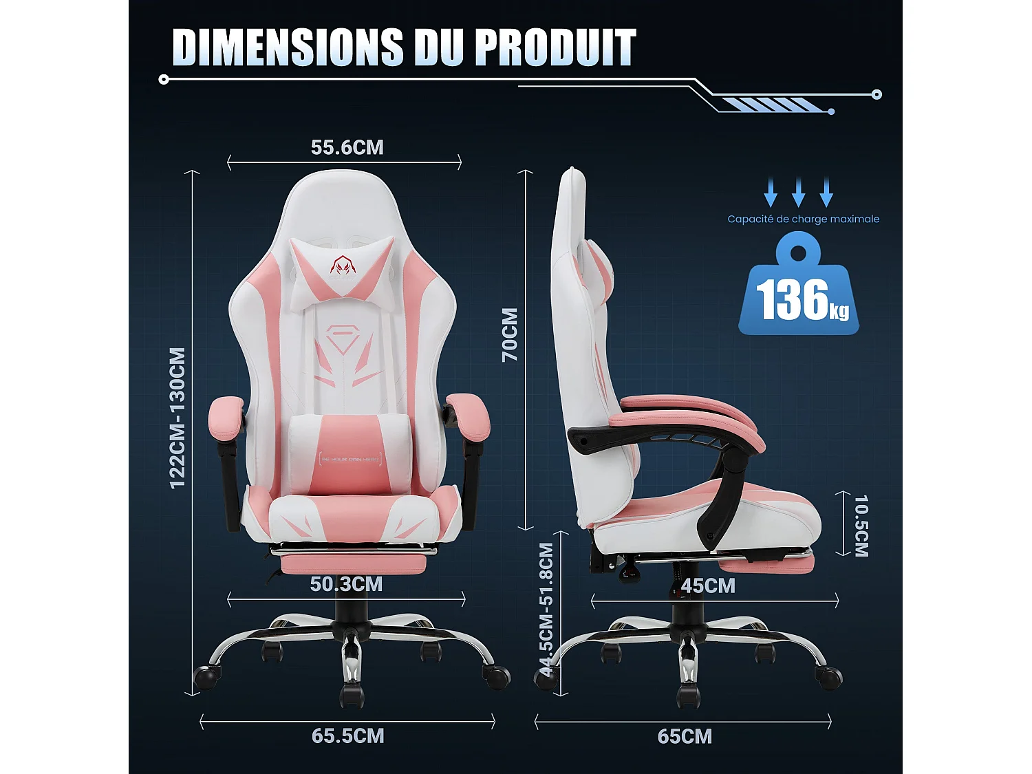 Chaise gaming ergonomique, avec repose-pieds, capacité de charge maximale 136kg – Rose