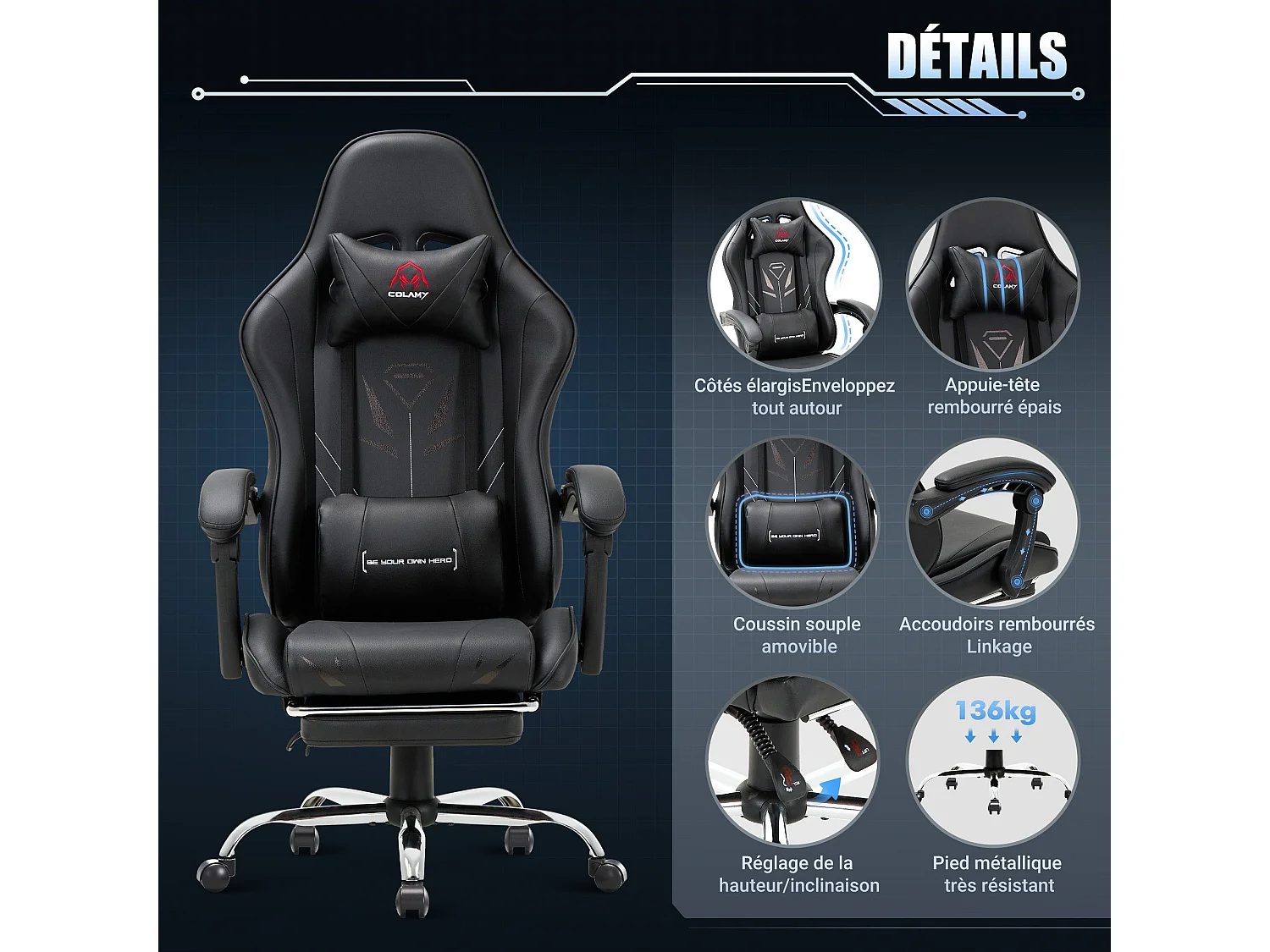 Chaise gaming ergonomique, avec repose-pieds, capacité de charge maximale 136kg – Noir