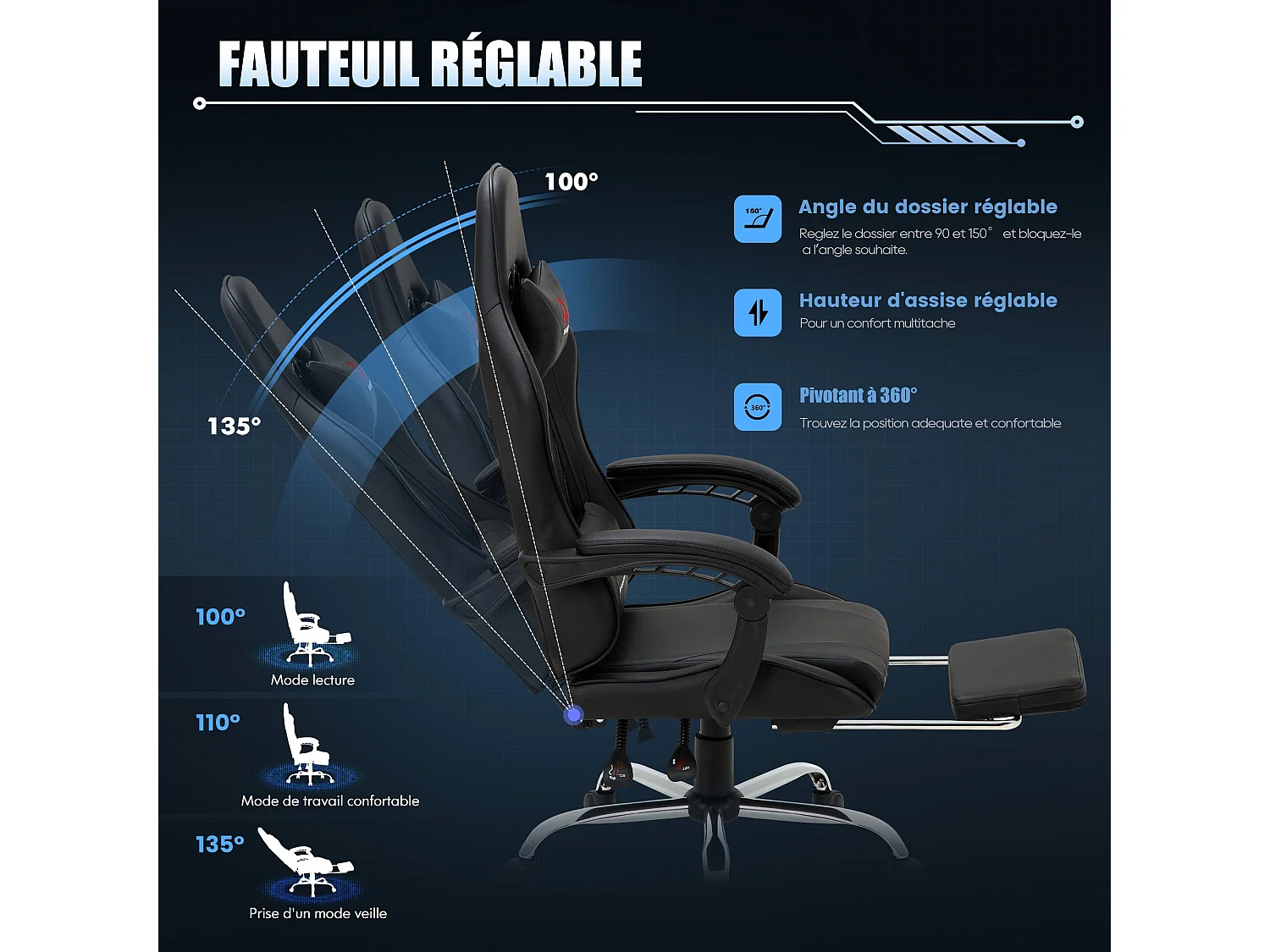 Chaise gaming ergonomique, avec repose-pieds, capacité de charge maximale 136kg – Noir