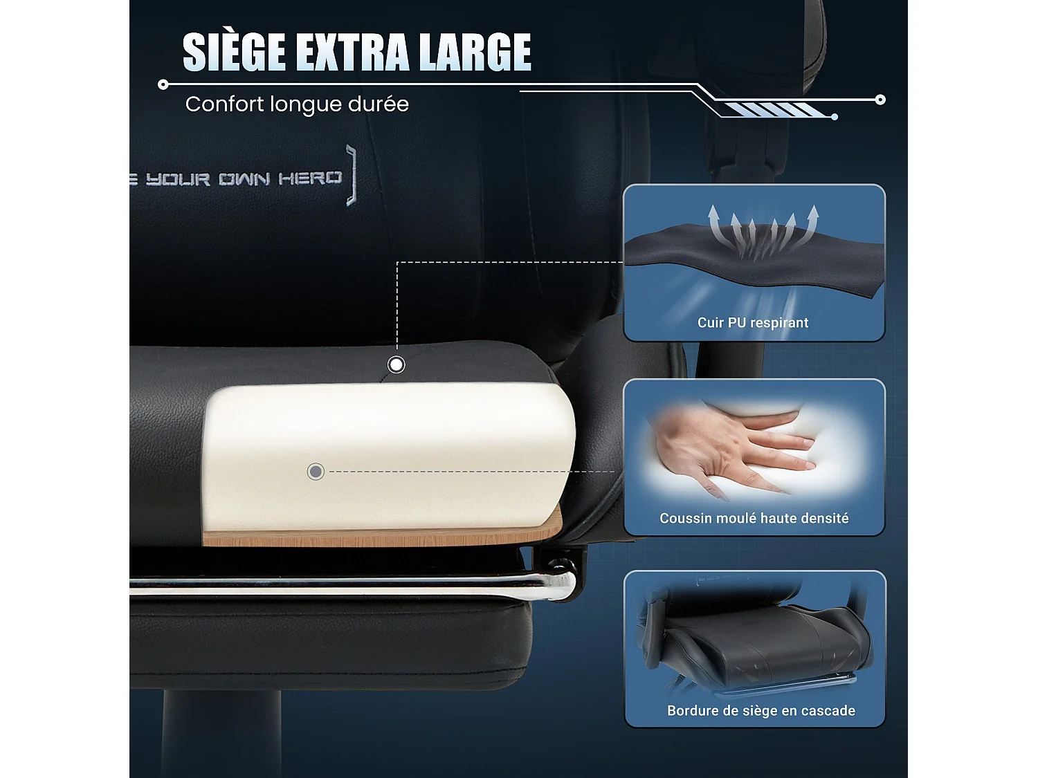 Chaise gaming ergonomique, avec repose-pieds, capacité de charge maximale 136kg – Noir