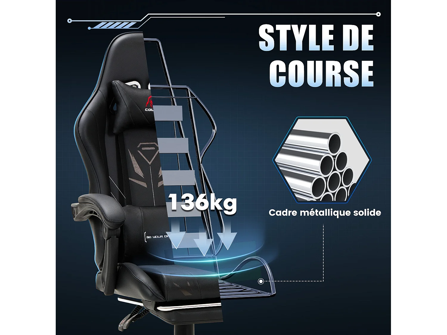 Chaise gaming ergonomique, avec repose-pieds, capacité de charge maximale 136kg – Noir
