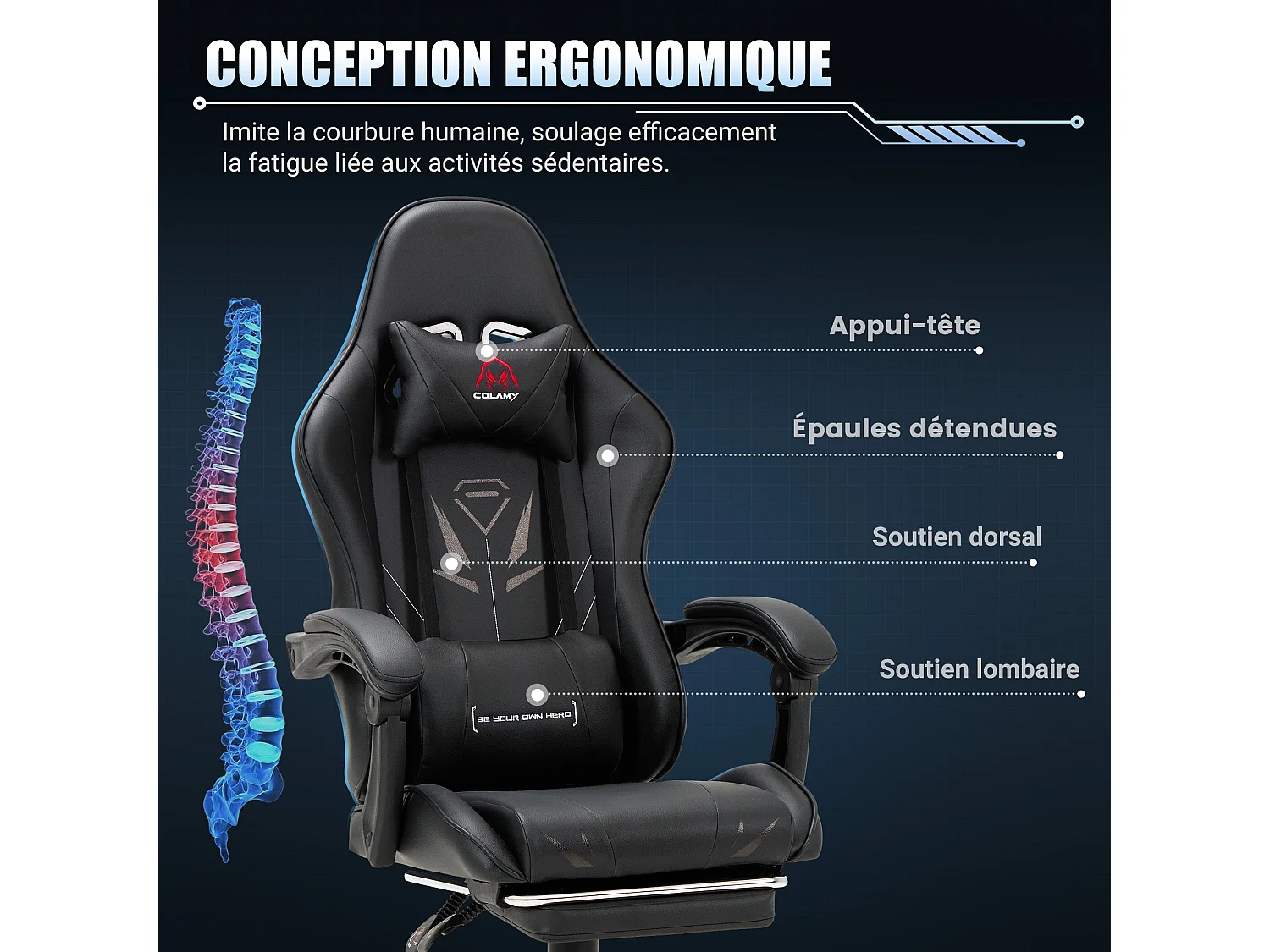 Chaise gaming ergonomique, avec repose-pieds, capacité de charge maximale 136kg – Noir