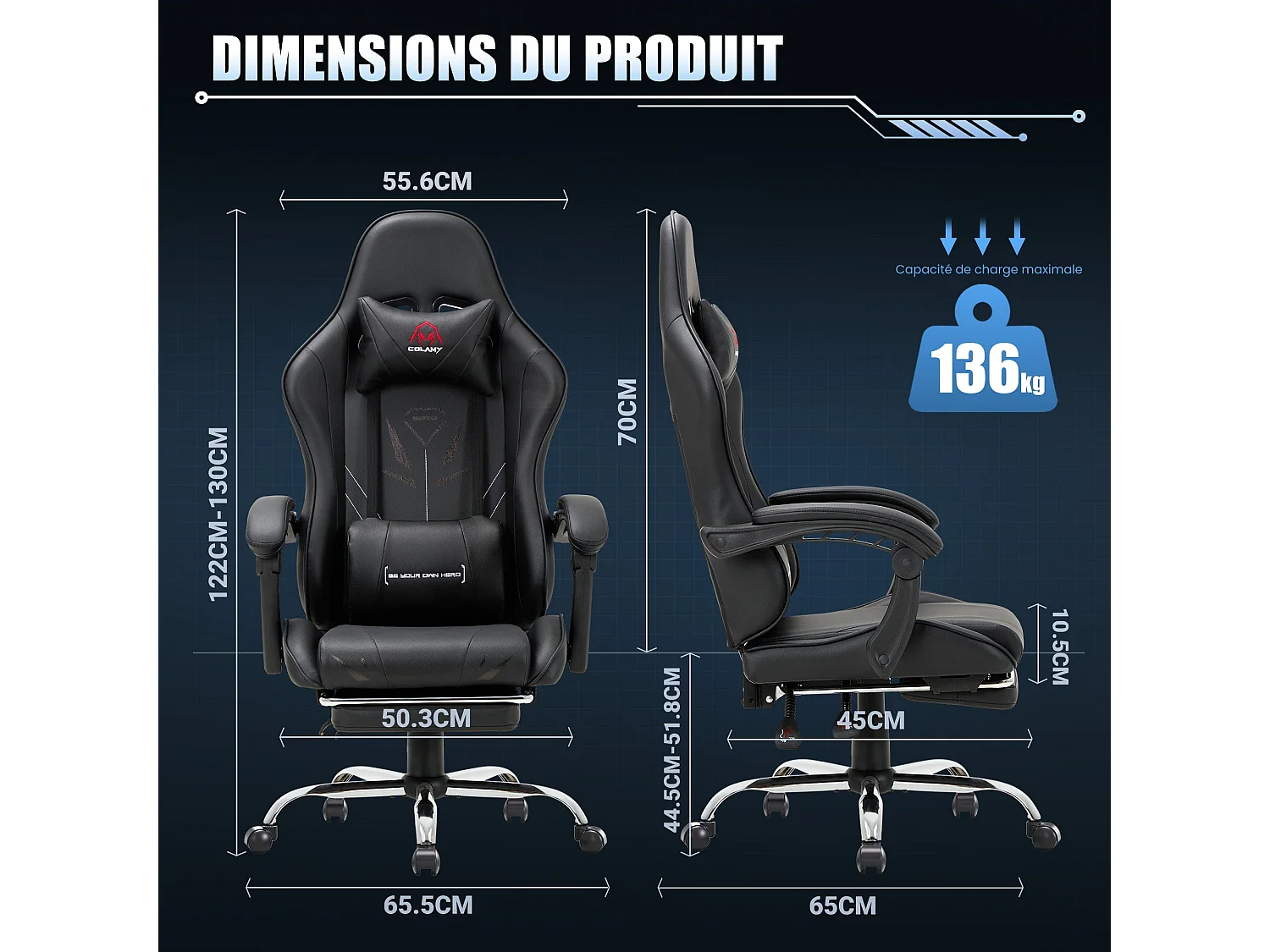 Chaise gaming ergonomique, avec repose-pieds, capacité de charge maximale 136kg – Noir