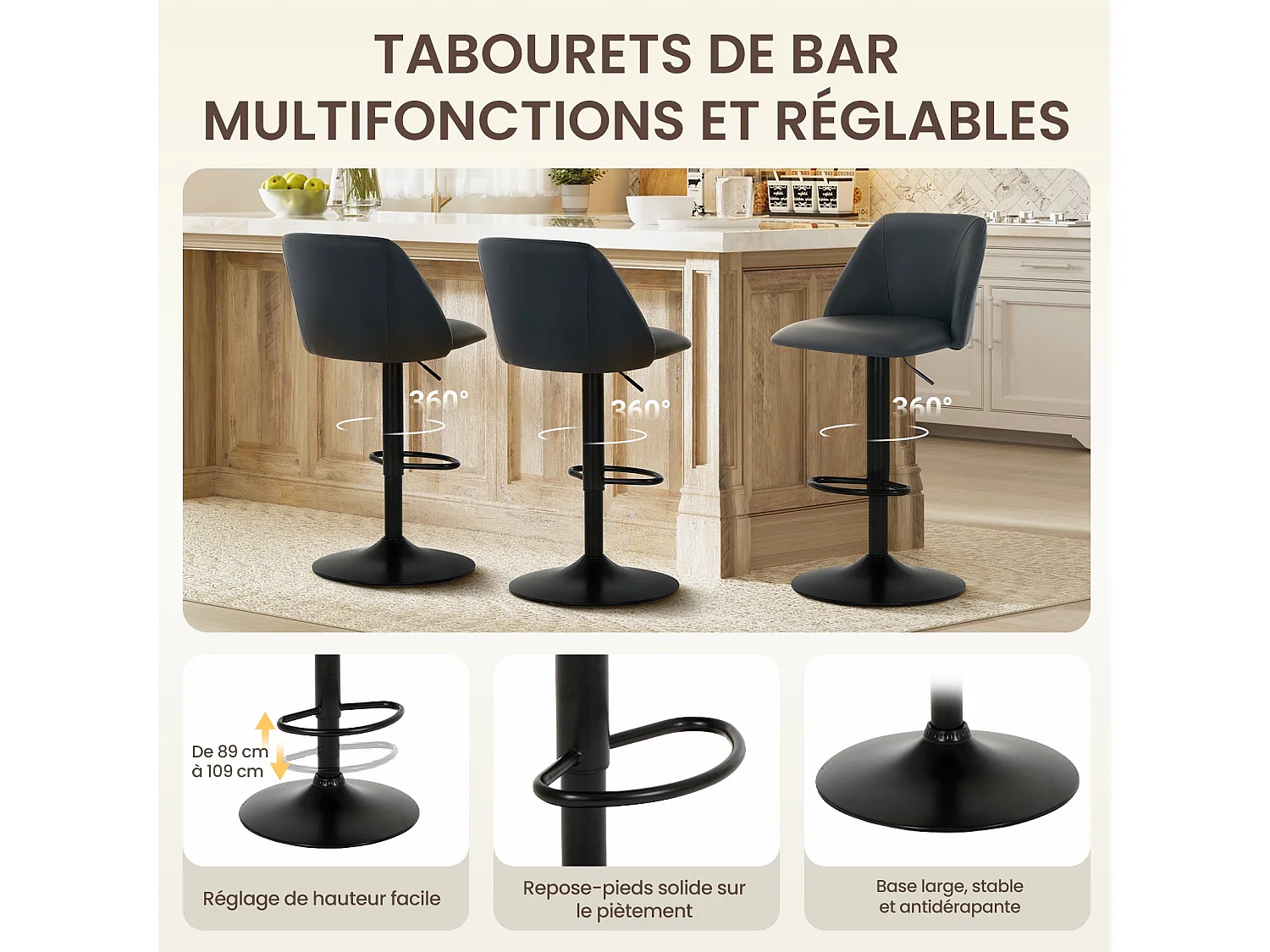 Lot de 2 Tabourets de Bar Modernes - Tabourets Tournants en Cuir PU Réglables avec Dossier Complet pour Comptoir, Cuisine, Salle à Manger - Noir