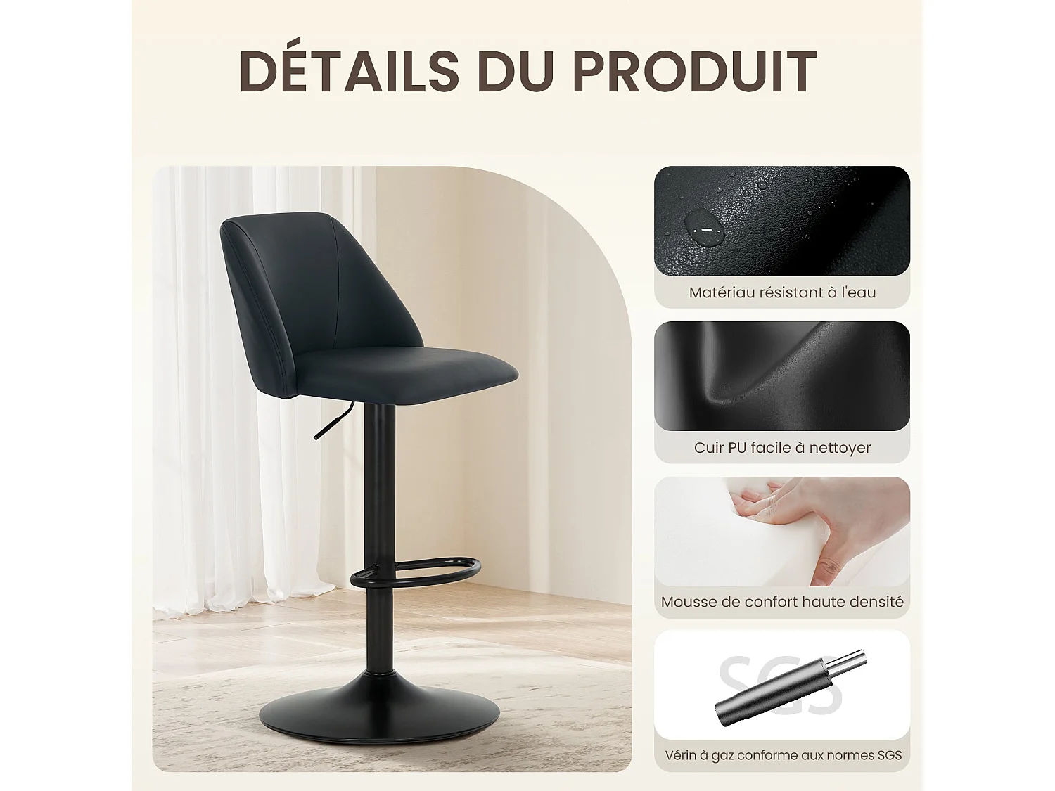 Lot de 2 Tabourets de Bar Modernes - Tabourets Tournants en Cuir PU Réglables avec Dossier Complet pour Comptoir, Cuisine, Salle à Manger - Noir