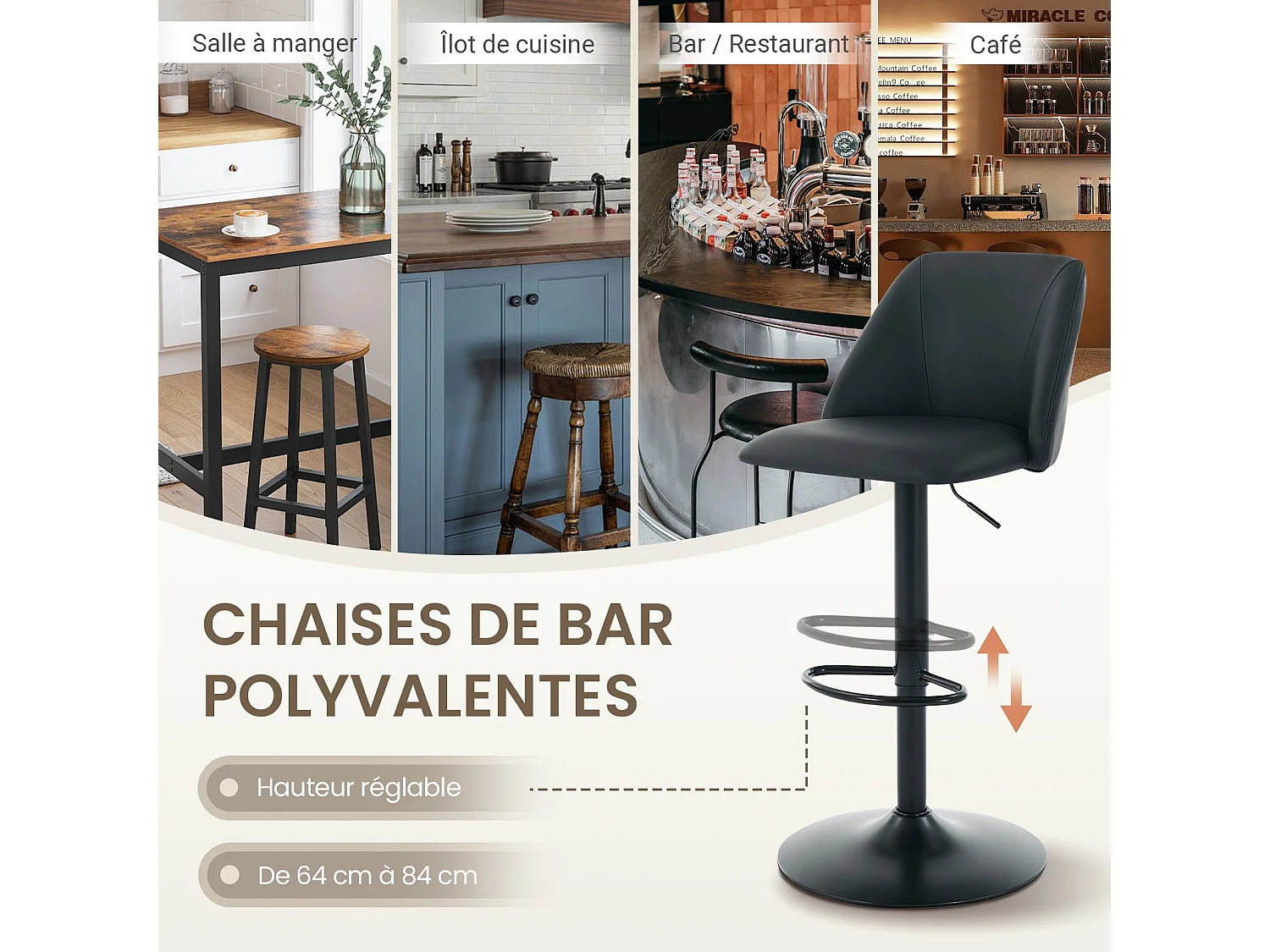 Lot de 2 Tabourets de Bar Modernes - Tabourets Tournants en Cuir PU Réglables avec Dossier Complet pour Comptoir, Cuisine, Salle à Manger - Noir