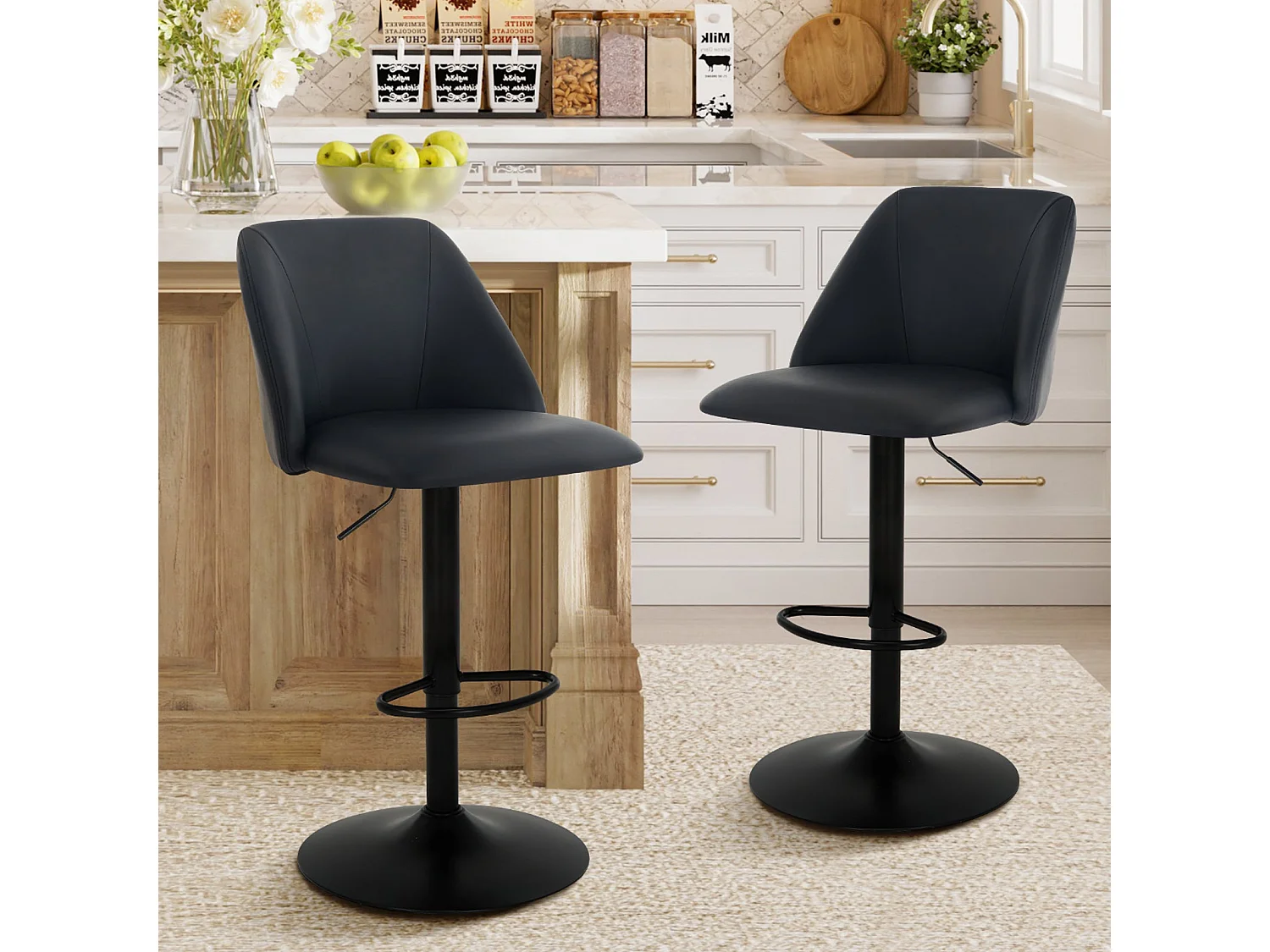 Lot de 2 Tabourets de Bar Modernes - Tabourets Tournants en Cuir PU Réglables avec Dossier Complet pour Comptoir, Cuisine, Salle à Manger - Noir