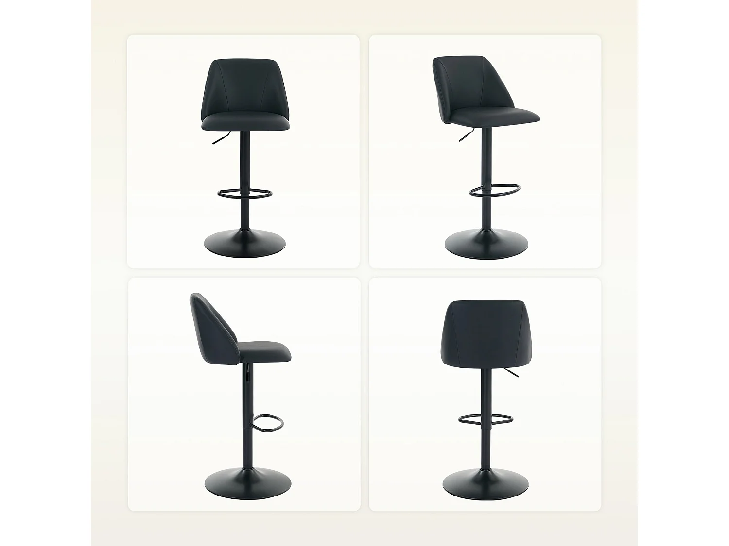 Lot de 2 Tabourets de Bar Modernes - Tabourets Tournants en Cuir PU Réglables avec Dossier Complet pour Comptoir, Cuisine, Salle à Manger - Noir
