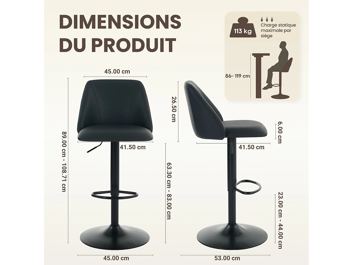 Lot de 2 Tabourets de Bar Modernes - Tabourets Tournants en Cuir PU Réglables avec Dossier Complet pour Comptoir, Cuisine, Salle à Manger - Noir