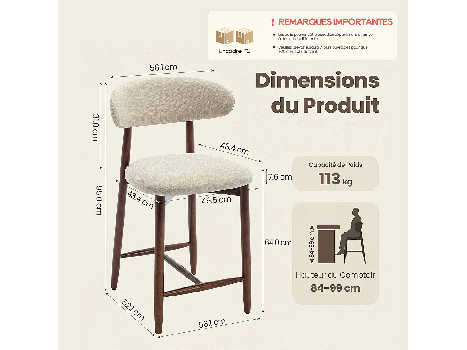 Lot de 2 chaises de bar – Tabourets modernes avec dossier haut, assise confortable en tissu, pour îlot de cuisine ou salle à manger-structure en bois-Beige