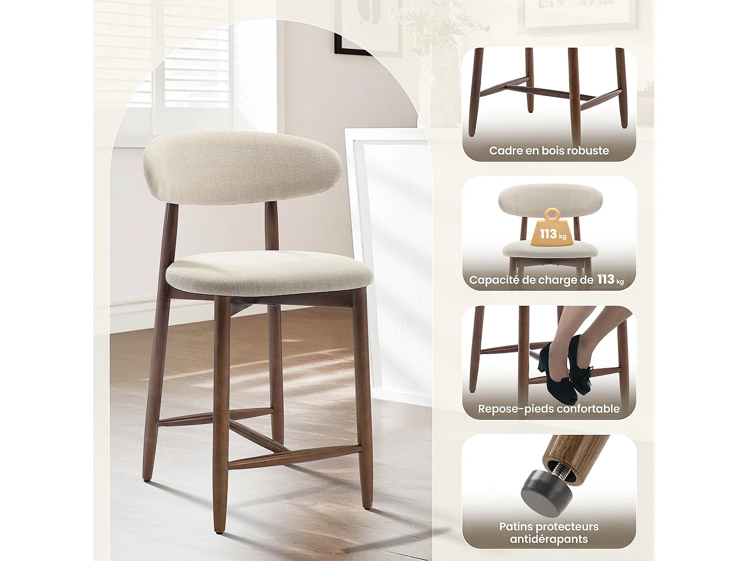 Lot de 2 chaises de bar – Tabourets modernes avec dossier haut, assise confortable en tissu, pour îlot de cuisine ou salle à manger-structure en bois-Beige