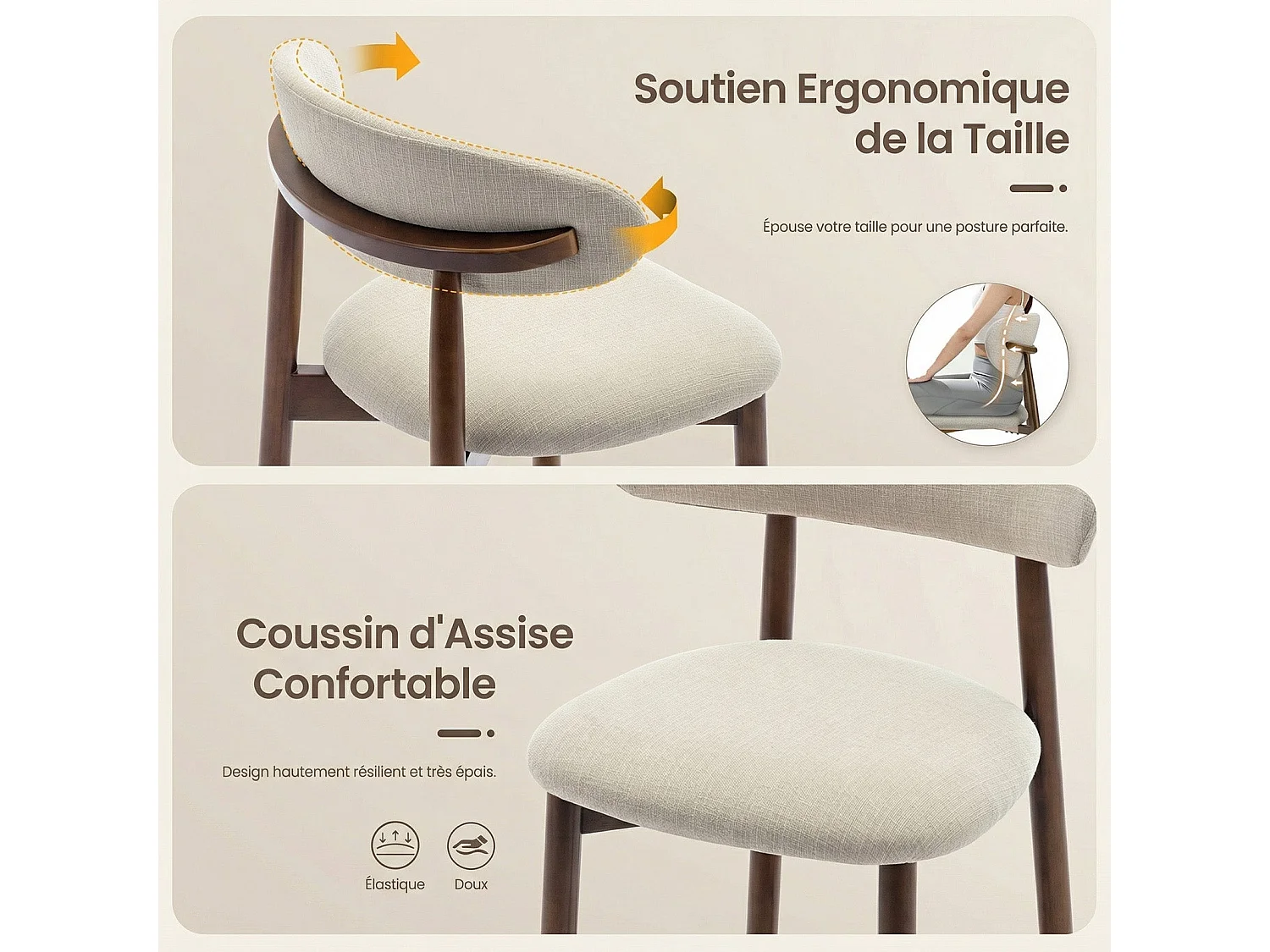 Lot de 2 chaises de bar – Tabourets modernes avec dossier haut, assise confortable en tissu, pour îlot de cuisine ou salle à manger-structure en bois-Beige