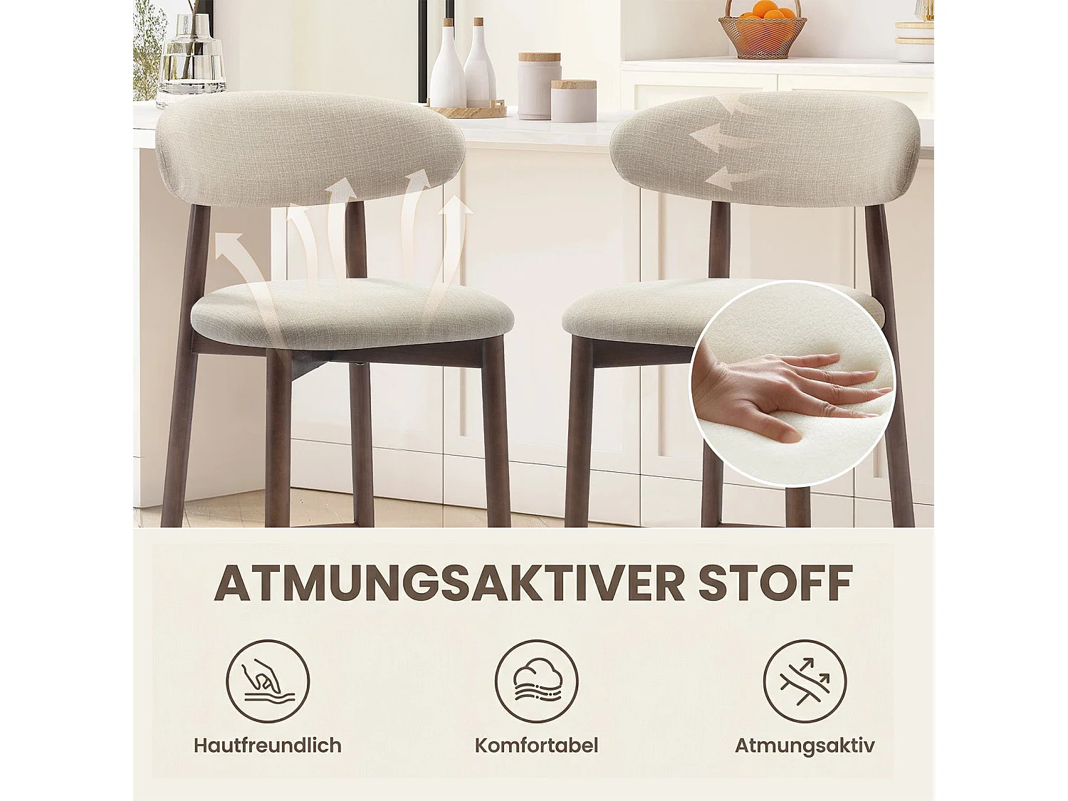 Lot de 2 chaises de bar – Tabourets modernes avec dossier haut, assise confortable en tissu, pour îlot de cuisine ou salle à manger-structure en bois-Beige