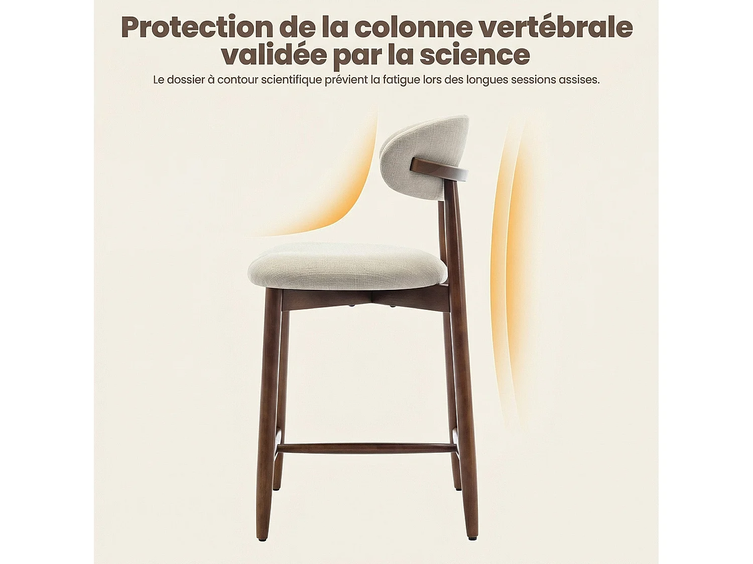 Lot de 2 chaises de bar – Tabourets modernes avec dossier haut, assise confortable en tissu, pour îlot de cuisine ou salle à manger-structure en bois-Beige
