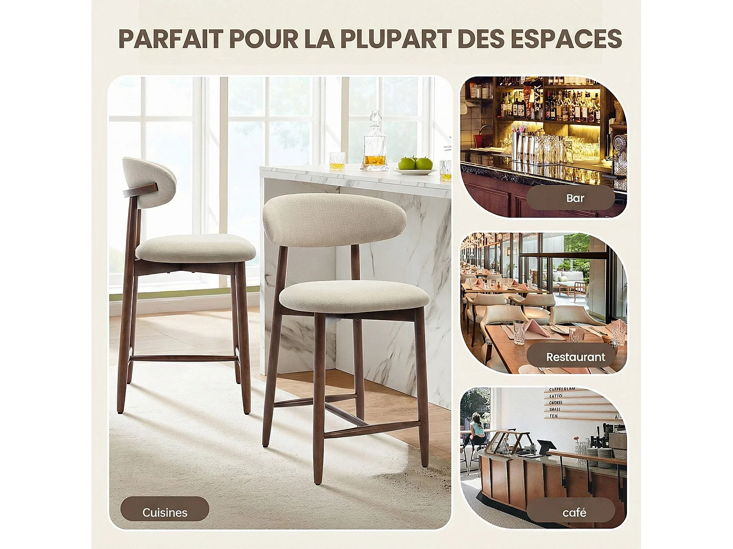 Lot de 2 chaises de bar – Tabourets modernes avec dossier haut, assise confortable en tissu, pour îlot de cuisine ou salle à manger-structure en bois-Beige