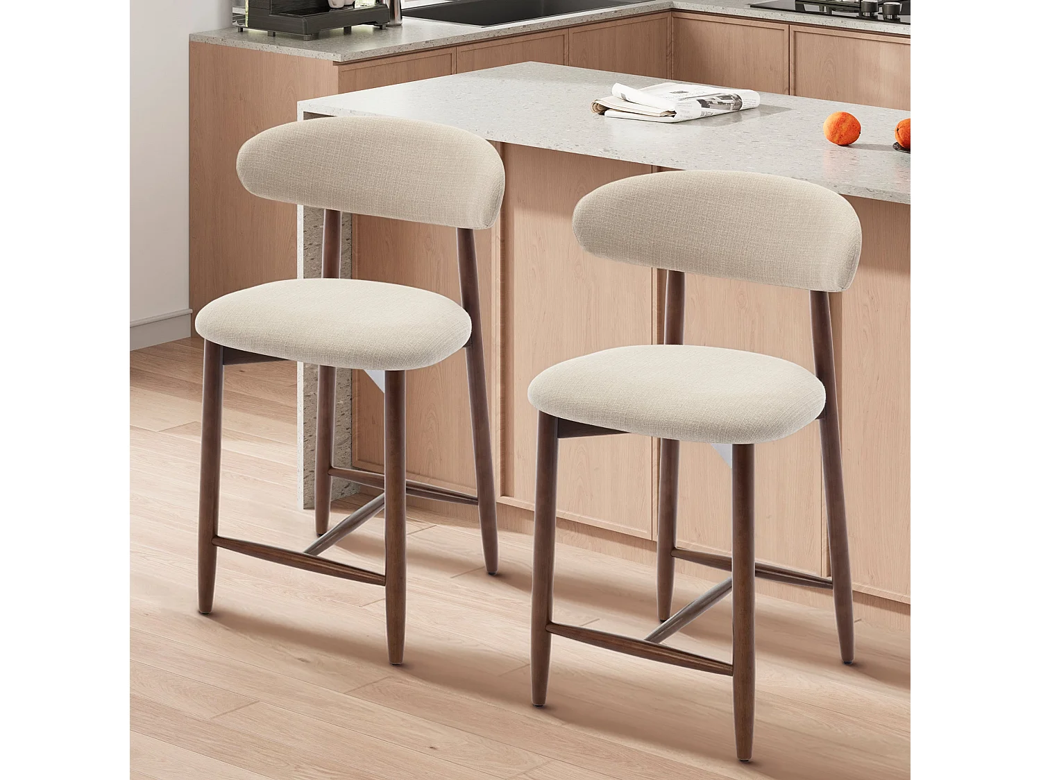 Lot de 2 chaises de bar – Tabourets modernes avec dossier haut, assise confortable en tissu, pour îlot de cuisine ou salle à manger-structure en bois-Beige
