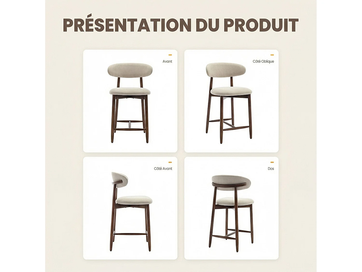 Lot de 2 chaises de bar – Tabourets modernes avec dossier haut, assise confortable en tissu, pour îlot de cuisine ou salle à manger-structure en bois-Beige