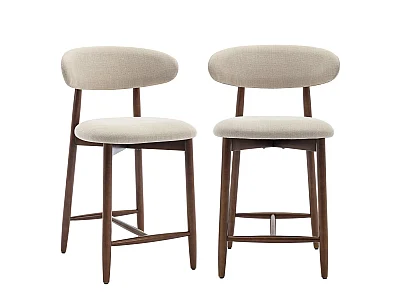 Lote de 2 Taburetes de Bar Beige SMARTUE – Taburetes Altos de Tela, Asiento Cómodo, Patas de Madera Maciza